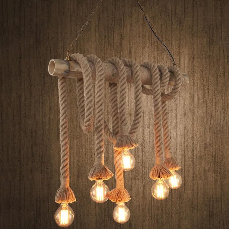 Hemp Rope Pendant Light: Industrial Island Lighting with Bamboo Tube in Flaxen