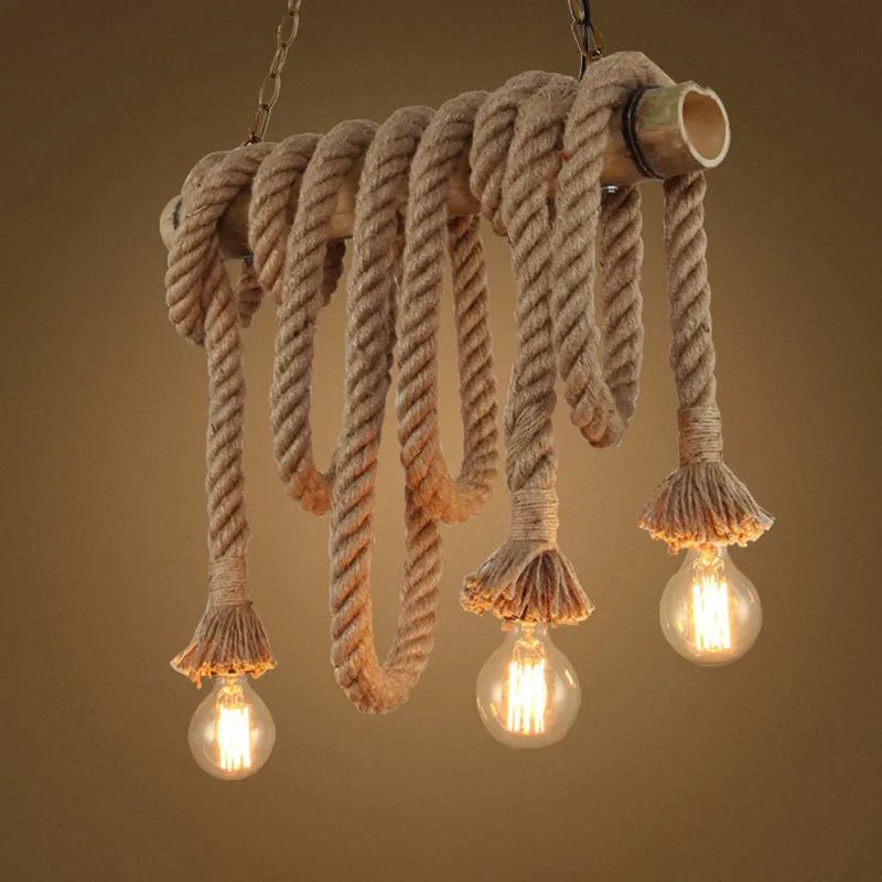 Hemp Rope Pendant Light: Industrial Island Lighting with Bamboo Tube in Flaxen