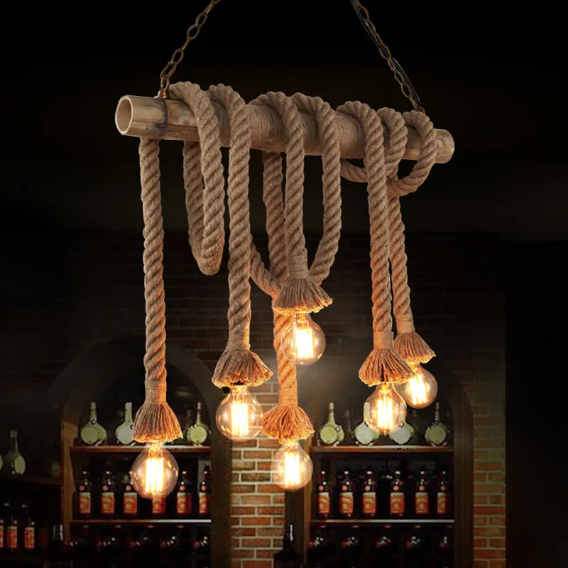 Hemp Rope Pendant Light: Industrial Island Lighting with Bamboo Tube in Flaxen