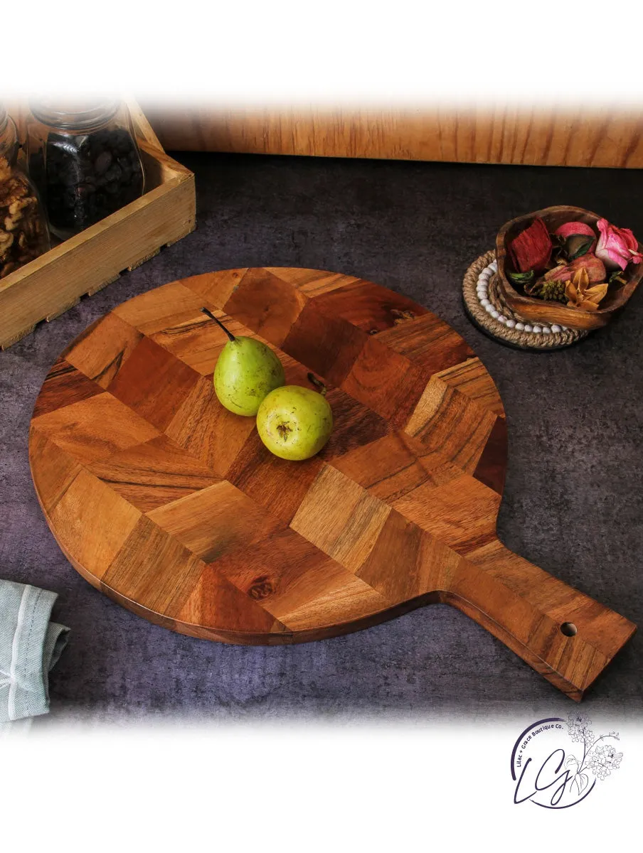 Herringbone Acacia Wood Round Serving Board