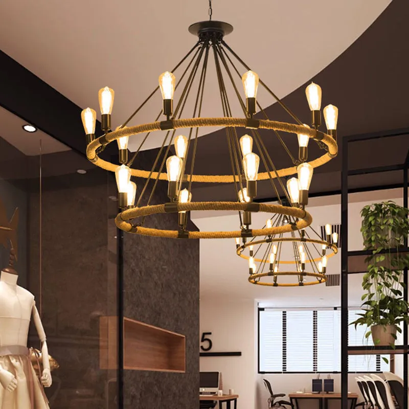 Industrial 2-Tier Beige Chandelier Pendant Lamp with 18 Ring Rope Lights for Restaurants