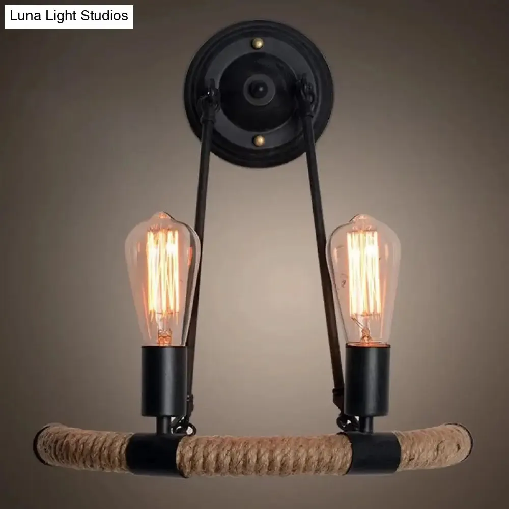 Industrial Black Hemp Rope Wall Sconce Lamp for Restaurants - 2-Head Arc Lighting Fixture