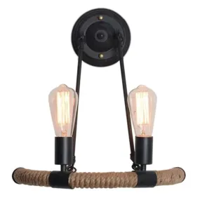 Industrial Black Hemp Rope Wall Sconce Lamp for Restaurants - 2-Head Arc Lighting Fixture