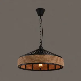 Industrial Black Metal Drum Pendant Light - Single Rope Hanging Lamp