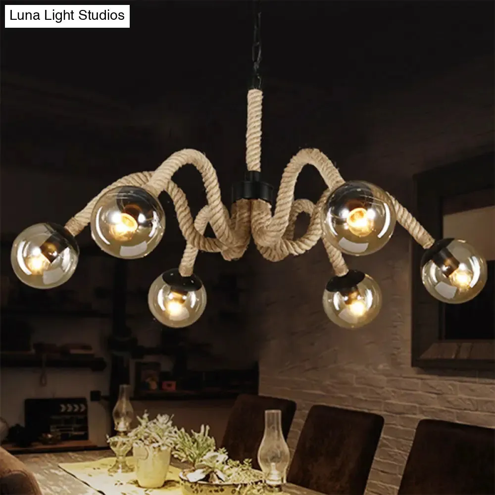 Industrial Loft 6-Head Beige Rope Chandelier with Tan Glass Shade for Bar Ceiling