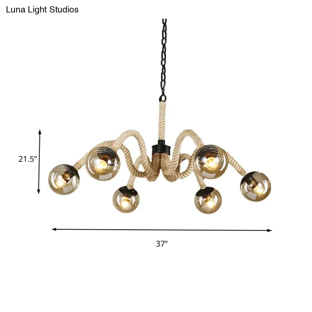 Industrial Loft 6-Head Beige Rope Chandelier with Tan Glass Shade for Bar Ceiling