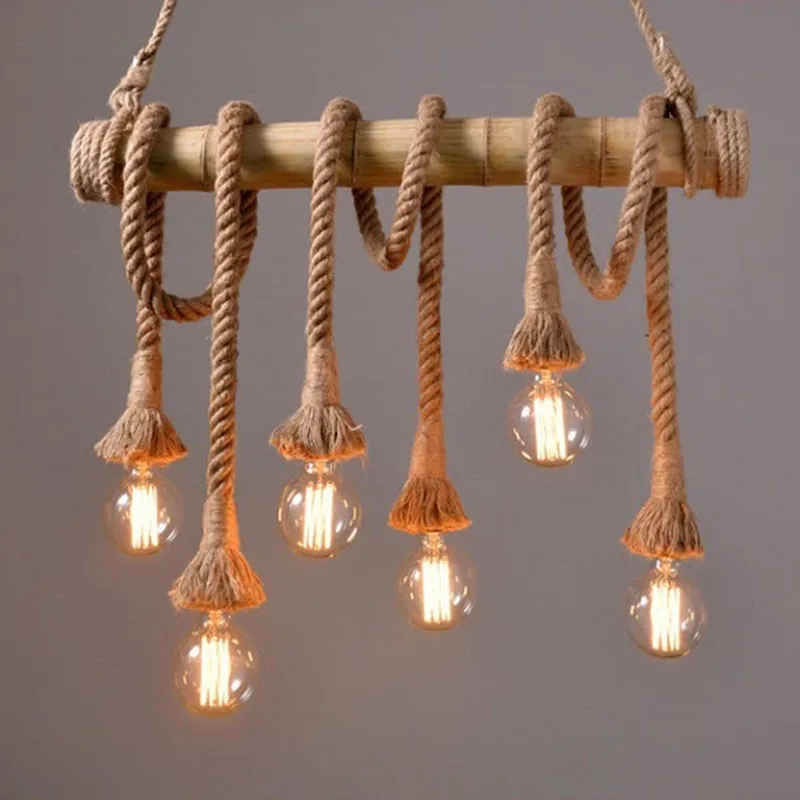 Industrial Vintage 6-Lights Island Pendant Light with Rope