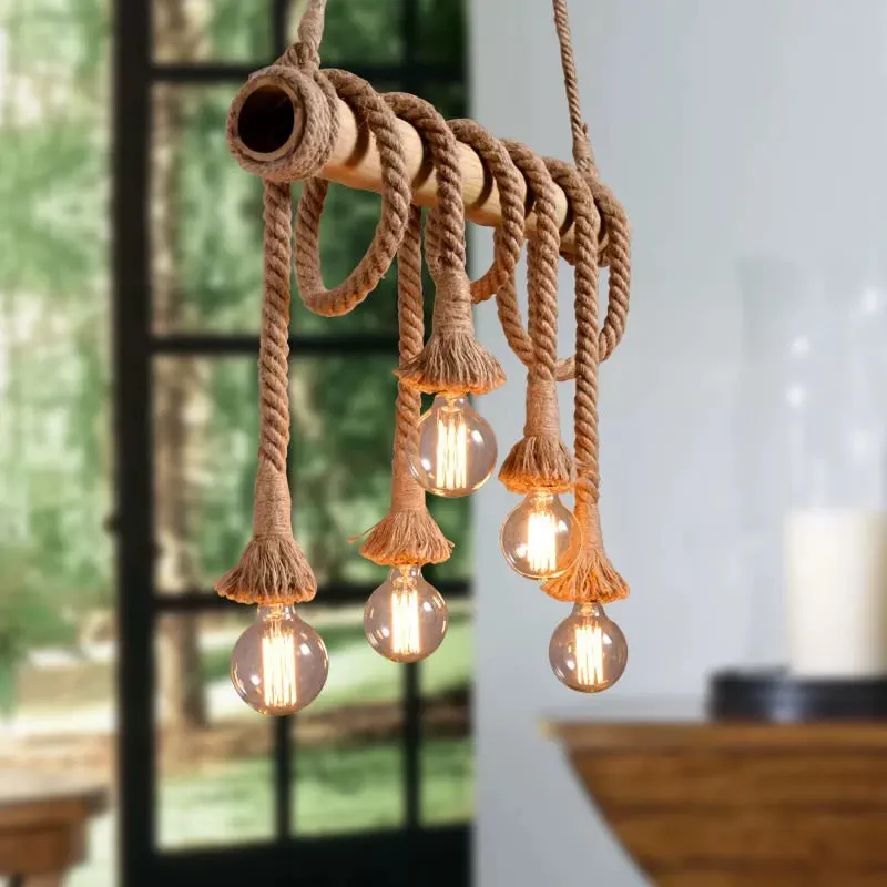 Industrial Vintage 6-Lights Island Pendant Light with Rope