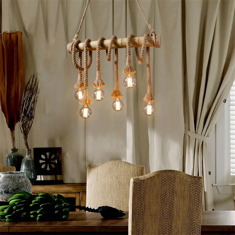 Industrial Vintage 6-Lights Island Pendant Light with Rope