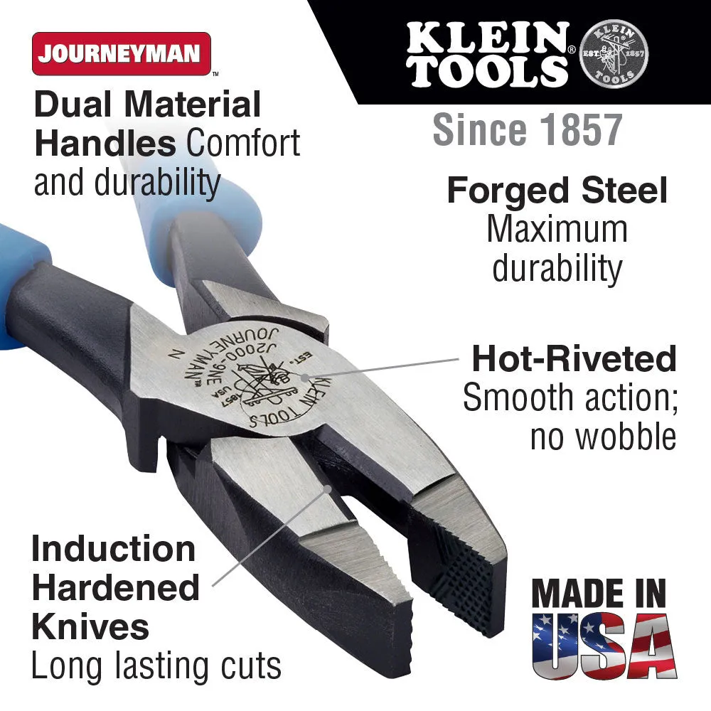 Klein Tools J2000-9NE Lineman's Pliers, 9", Journeyman Handle