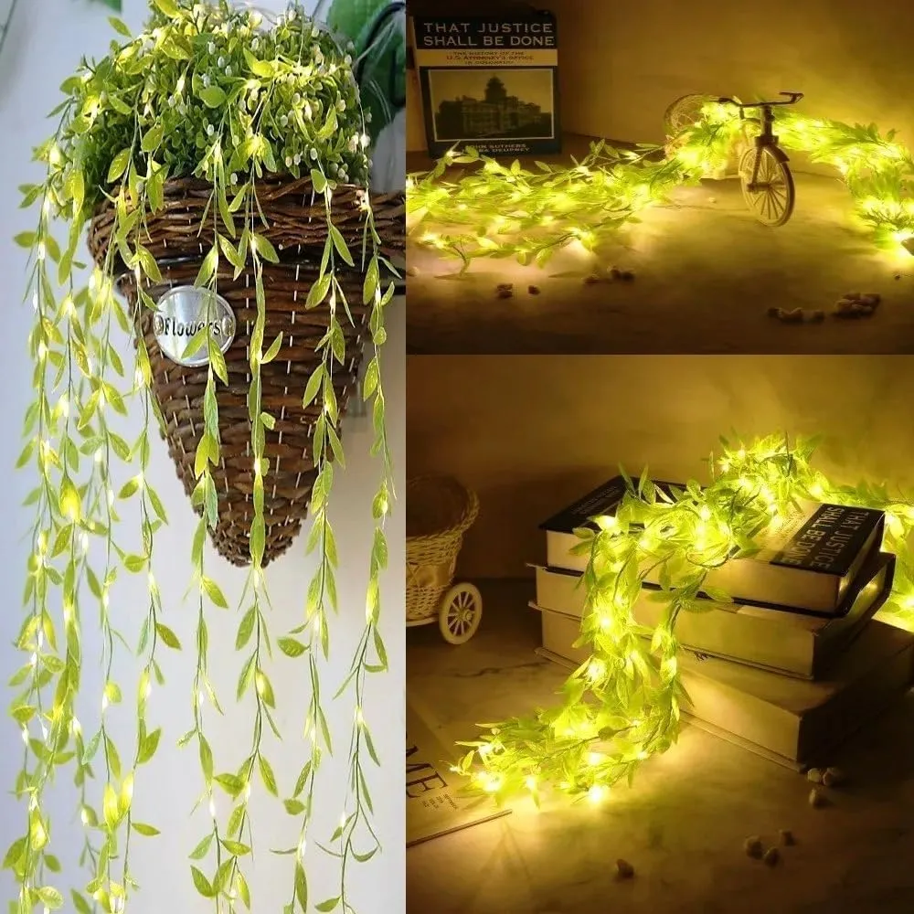 Lazybeee Artificial Vines Curtain Lights, Fake Greenery Garland Willow Leaves with Lights for Home Decor Diwali Christmas Ganesh Decor Wedding Party Backdrop Baby Shower Home Decoration DIY