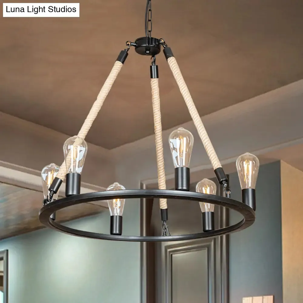 Loft Style Iron Chandelier with 6 Bare Bulb Heads and Rope Cord