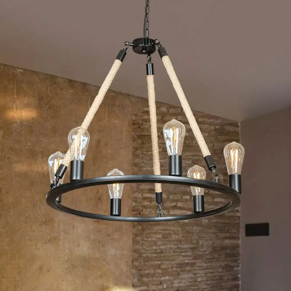 Loft Style Iron Chandelier with 6 Bare Bulb Heads and Rope Cord