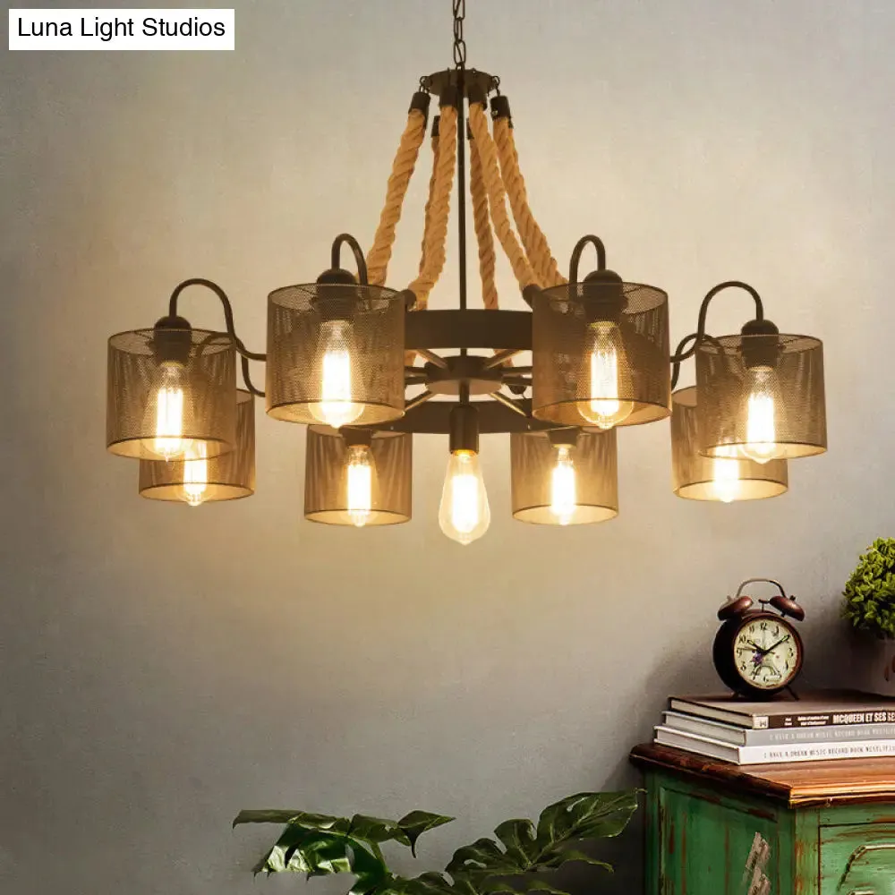 Marta - 9/13-Light Metal Black Chandelier: Farmhouse Rope Pendant Fixture