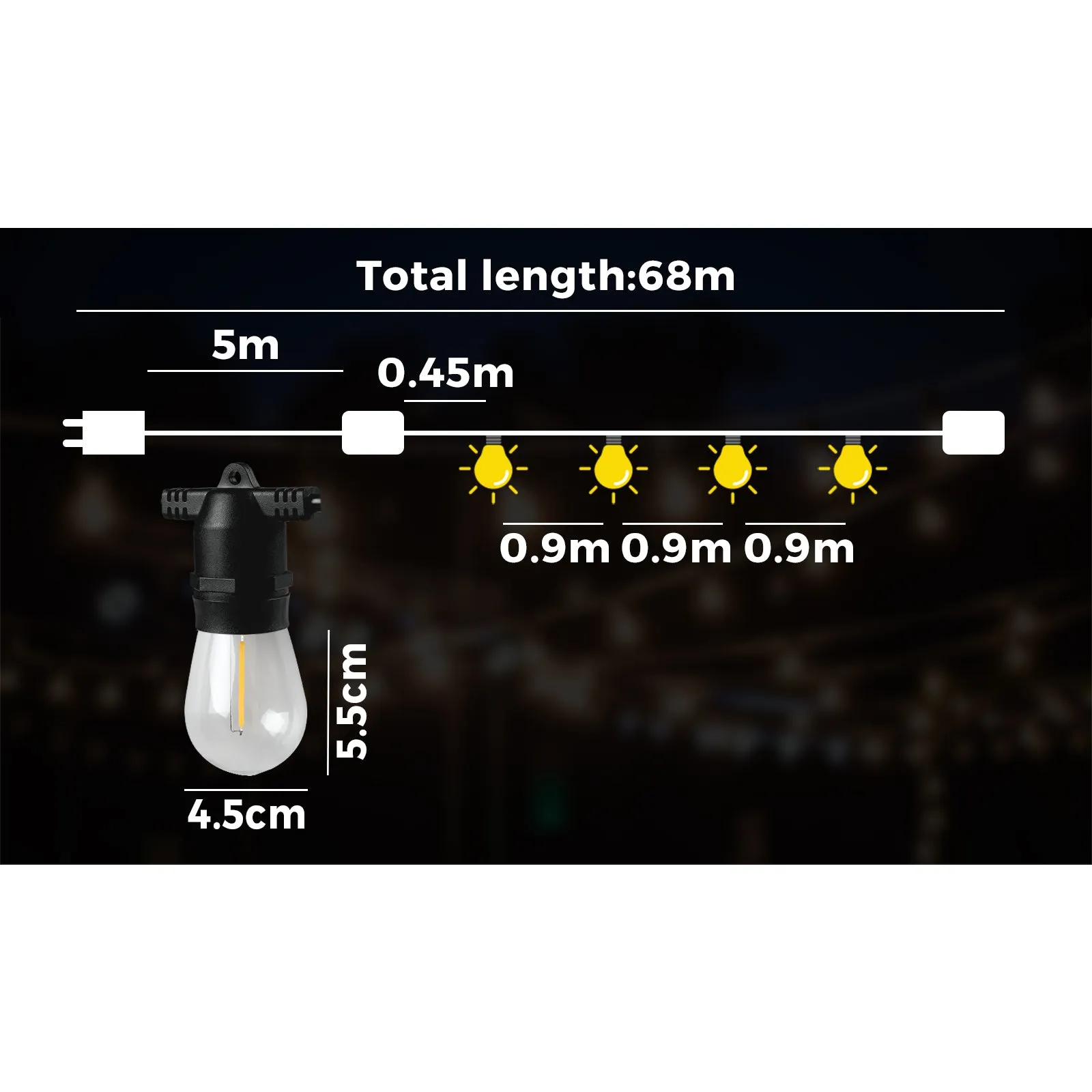 Mazam 68M LED Festoon Lights String Light Waterproof Wedding Party Outdoor