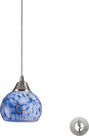 Mela 1 Light Pendant In Satin Nickel and Starburst Blue Glass - Includes Recessed Lighting Kit