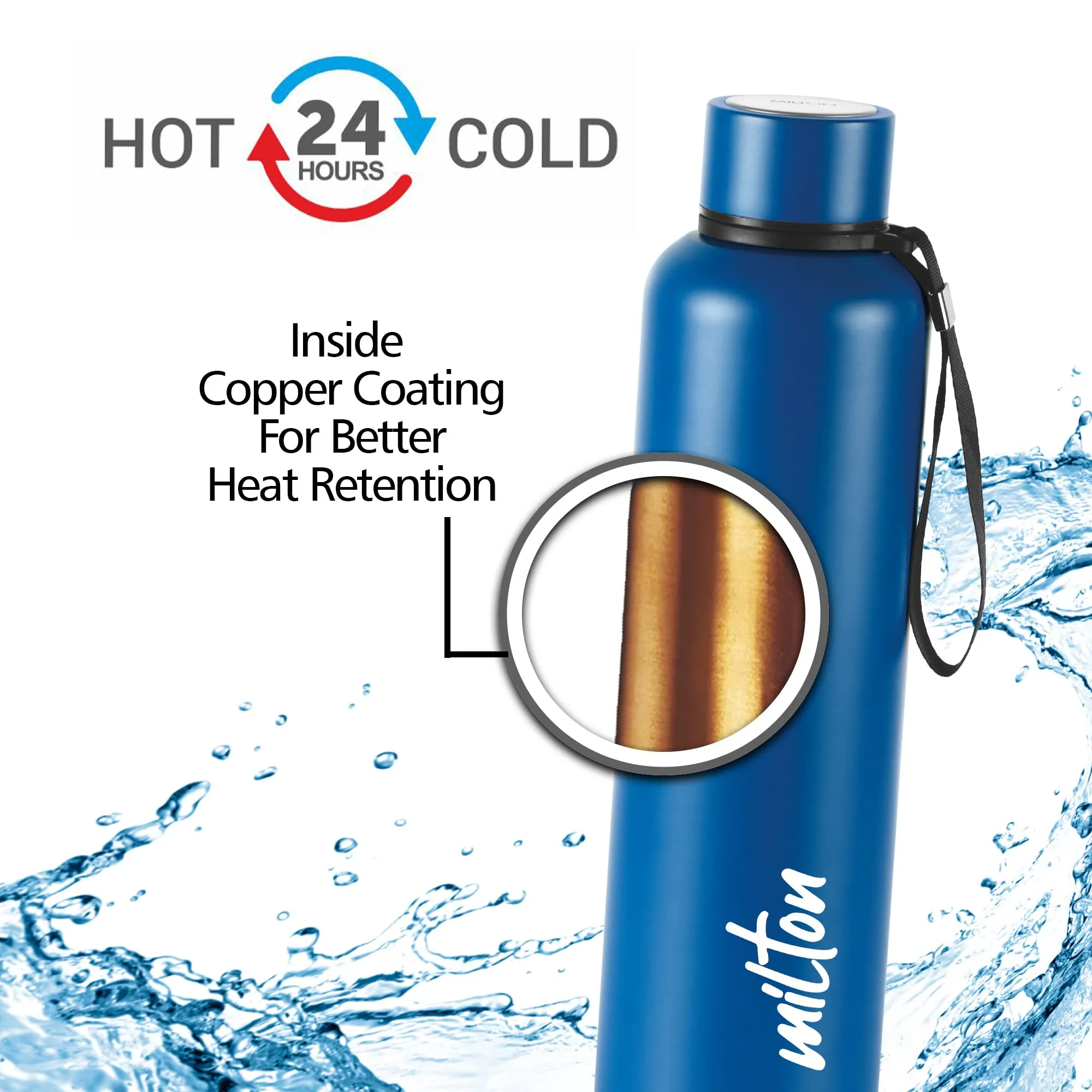 Milton Aura 1000 Thermosteel Bottle, 1.05 Litre, Dark Blue | 24 Hours Hot and Cold | Easy to Carry | Rust & Leak Proof | Tea | Coffee | Office| Gym | Home | Kitchen | Hiking | Trekking | Travel Bottle