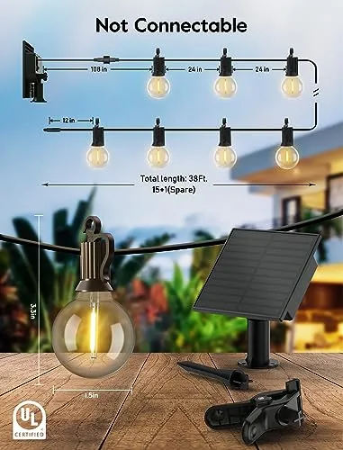 Minetom Solar String Lights Outdoor, 38 Ft Waterproof Dimmable Patio Lights with 15 LED G40 Globe Bulbs, Solar Powered Hanging Lights for Outside Backyard Garden Porch Yard Decor