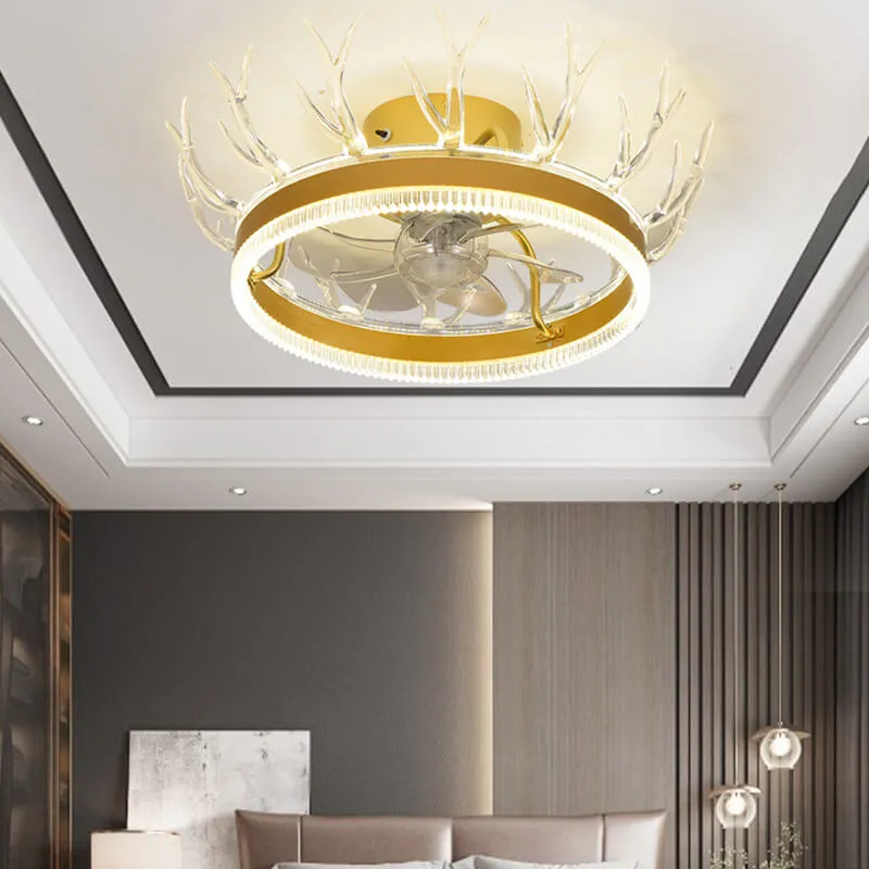 Modern Golden Glamour Acrylic Antler Design LED Semi-Flush Mount Ceiling Fan Light