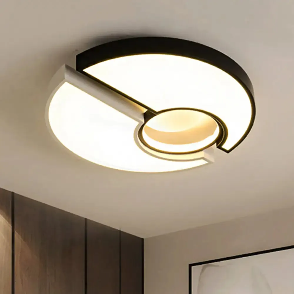 Modern Metal Round Flush Mount Light with LED and Recessed Diffuser in Black/White and White/Warm Light (19"/22" Width)