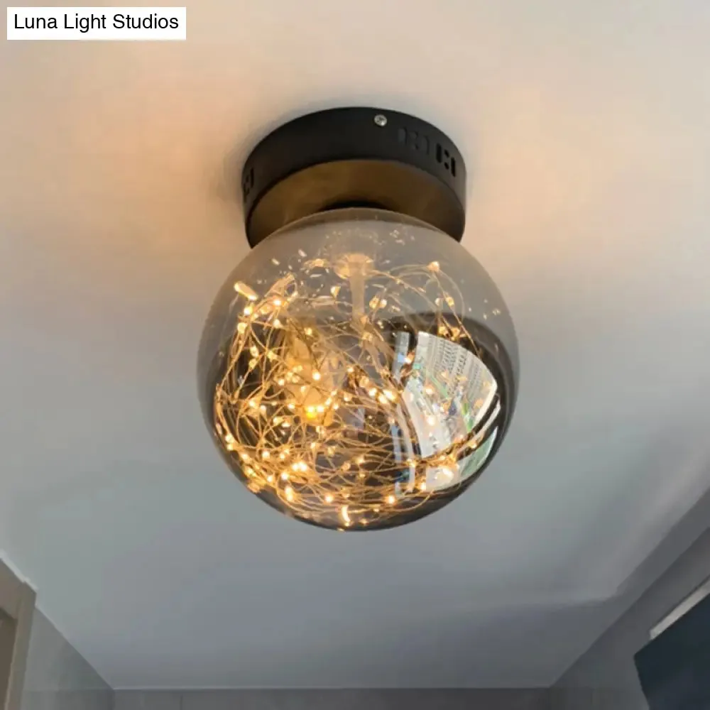 Modern Smoke Grey Glass LED Ceiling Light with Inner Glowing String - Orb Flush Mount