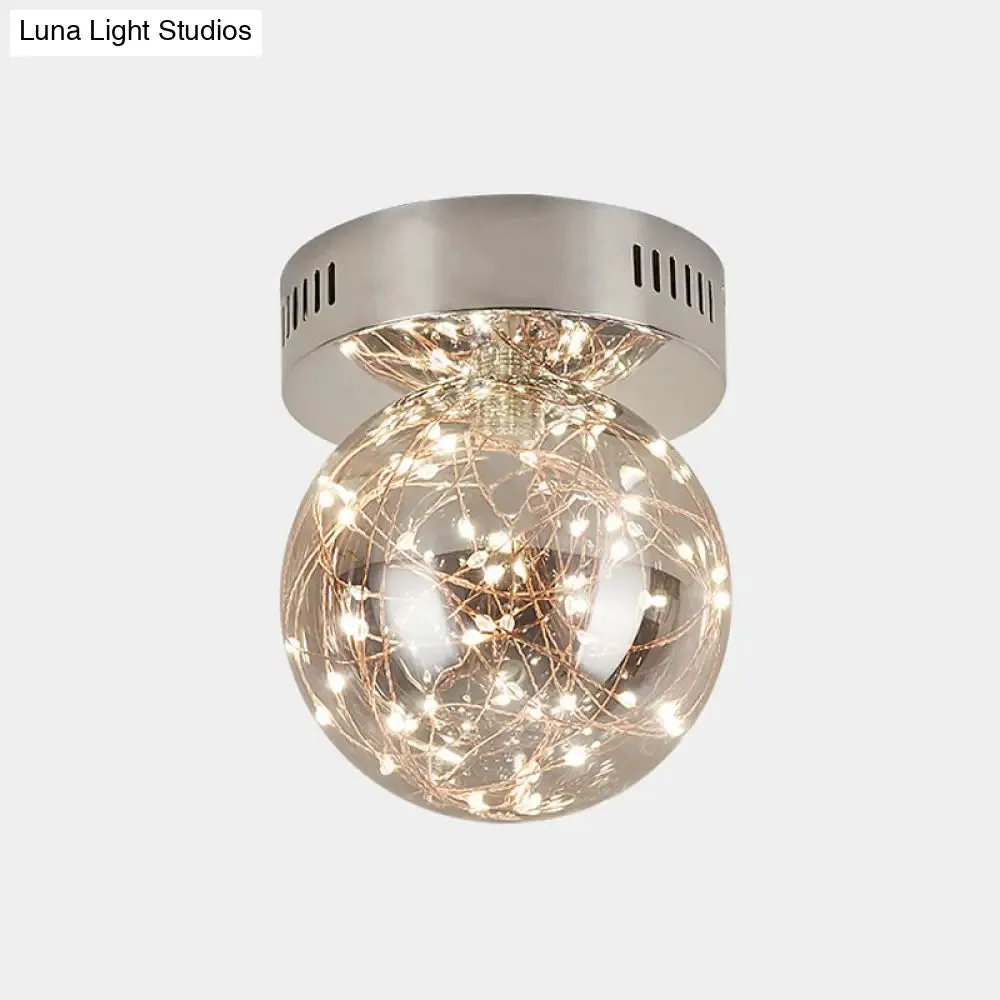 Modern Smoke Grey Glass LED Ceiling Light with Inner Glowing String - Orb Flush Mount