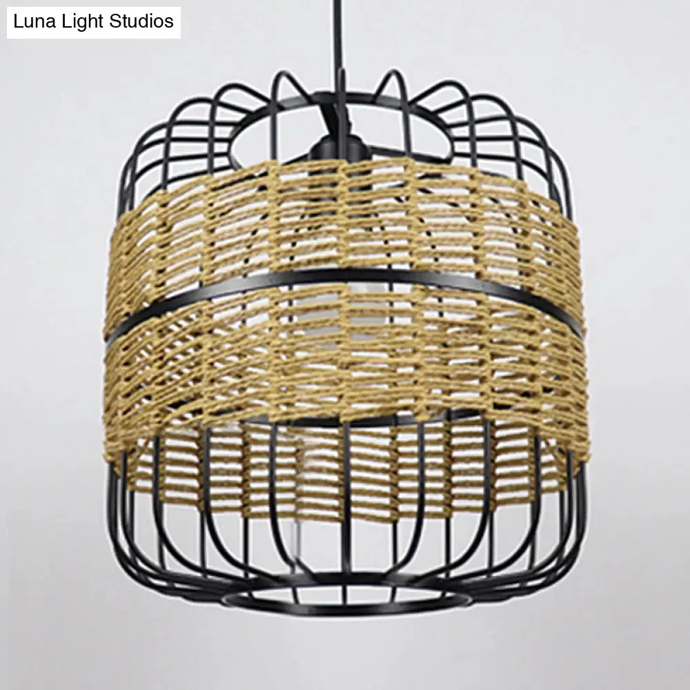 Modern Straw Rope 1-Light Beige Metal Cage Pendant Lamp for Bedroom & Restaurant