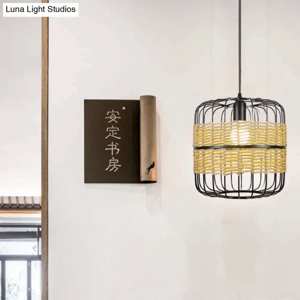 Modern Straw Rope 1-Light Beige Metal Cage Pendant Lamp for Bedroom & Restaurant