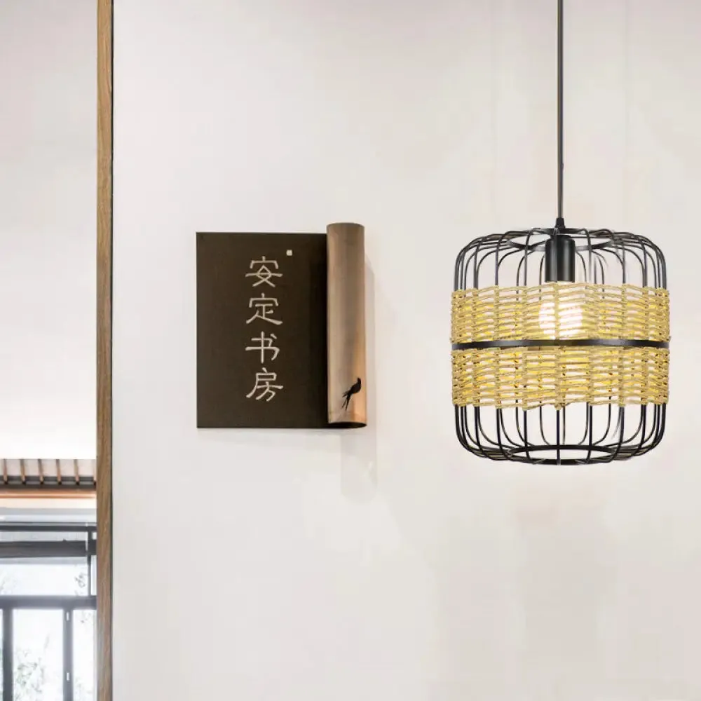 Modern Straw Rope 1-Light Beige Metal Cage Pendant Lamp for Bedroom & Restaurant