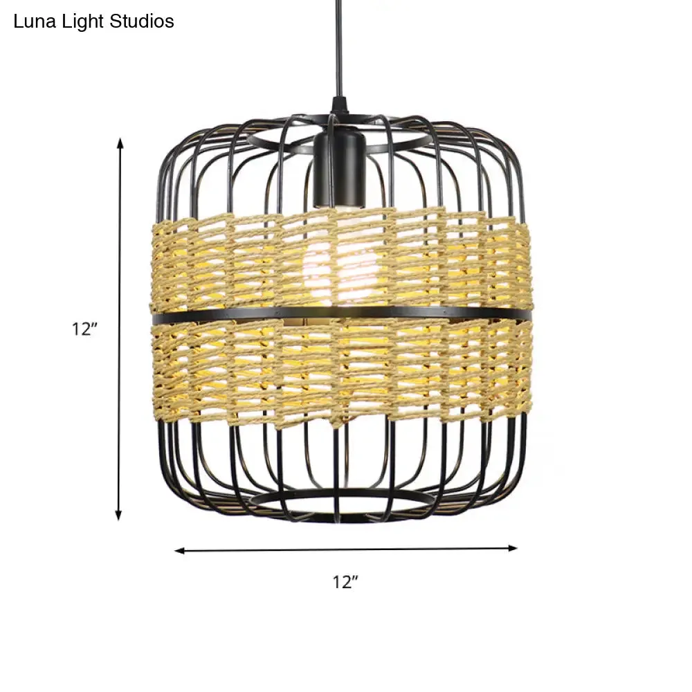 Modern Straw Rope 1-Light Beige Metal Cage Pendant Lamp for Bedroom & Restaurant