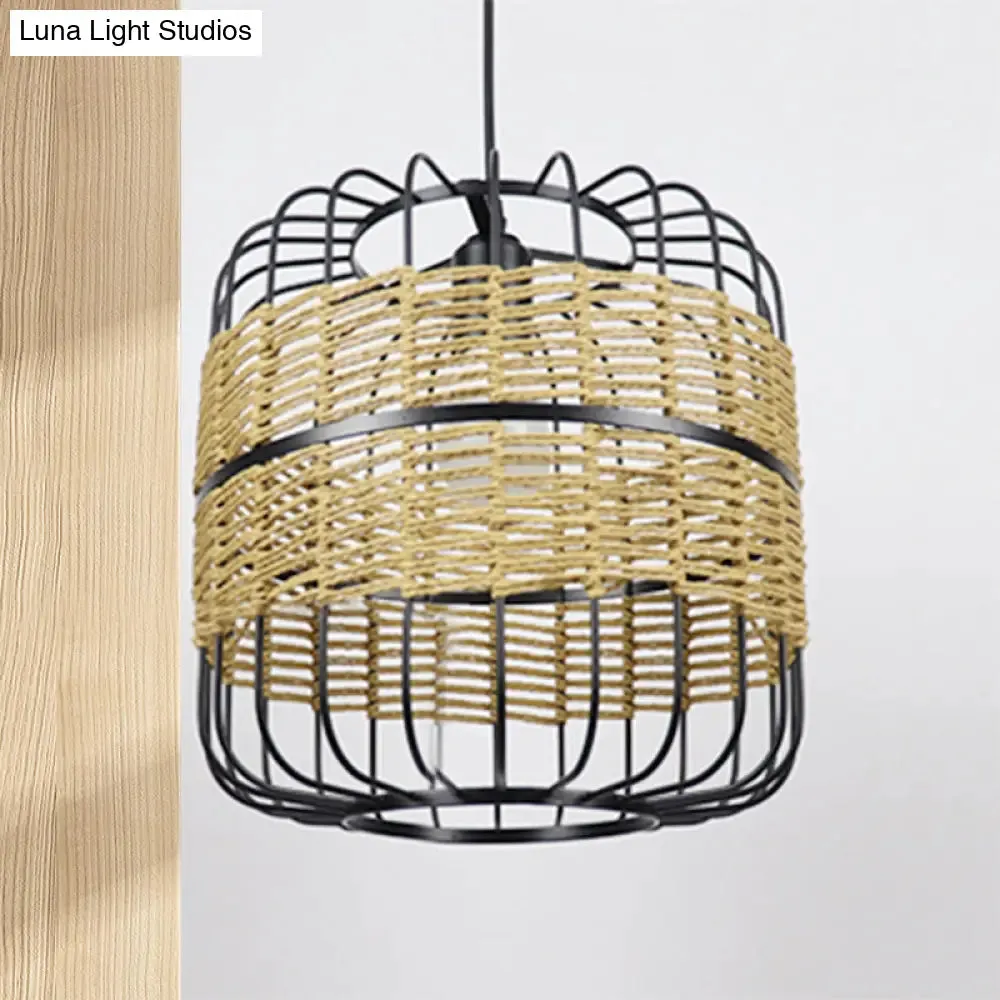 Modern Straw Rope 1-Light Beige Metal Cage Pendant Lamp for Bedroom & Restaurant