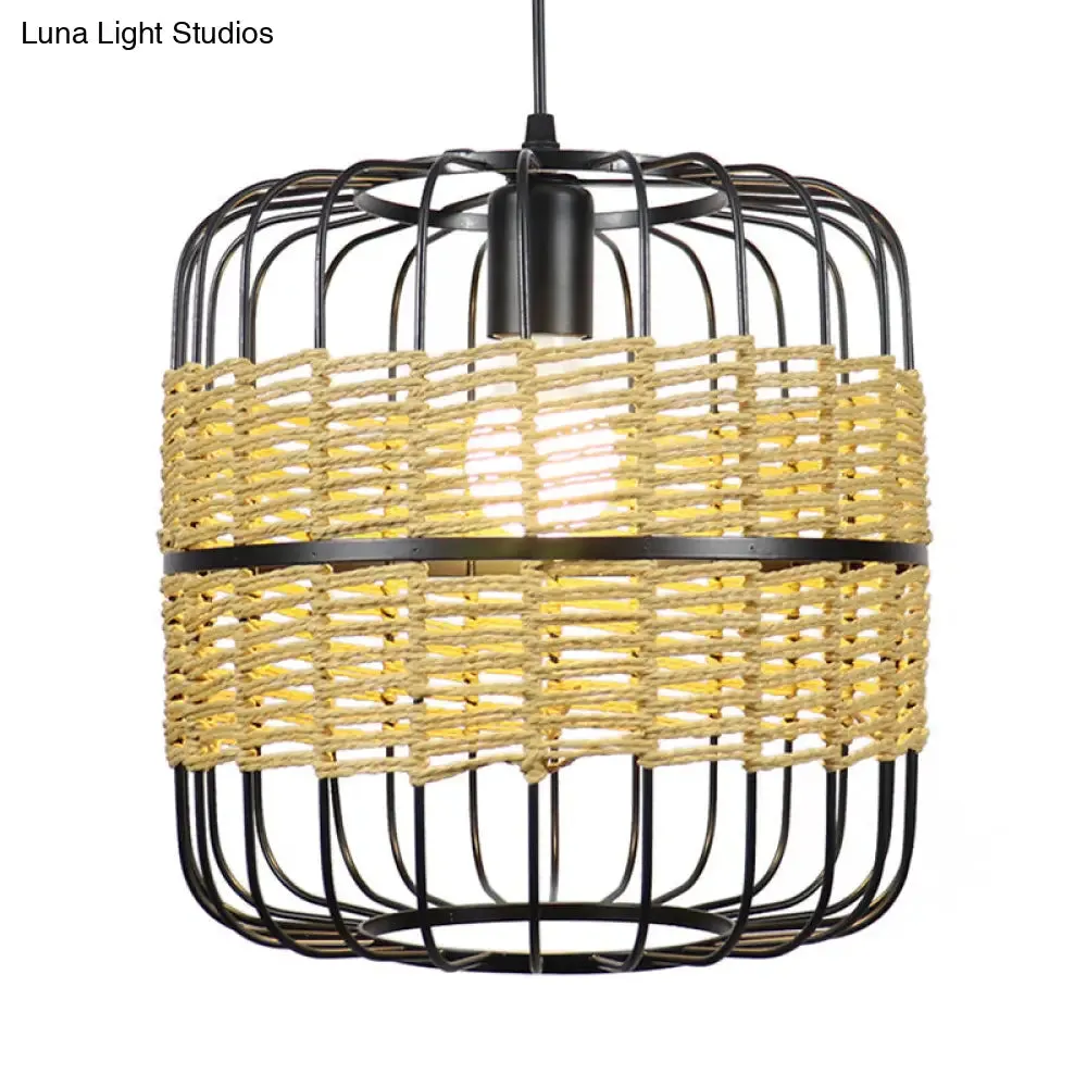 Modern Straw Rope 1-Light Beige Metal Cage Pendant Lamp for Bedroom & Restaurant