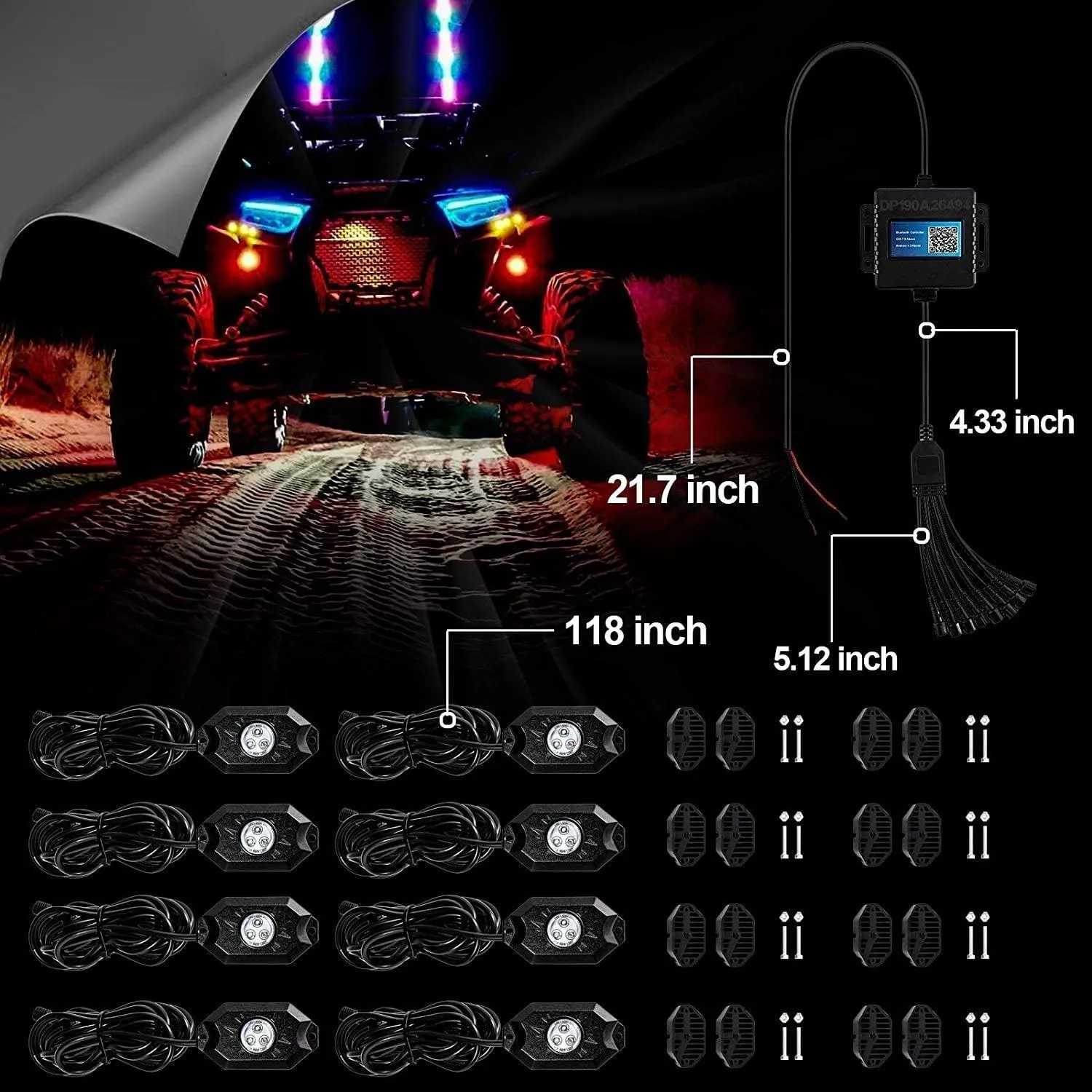 New 42 Inch V-PRO Series Curved RGBW Color Changing Off Road Led Light Bar & RGB LED Rock Light Set Combo