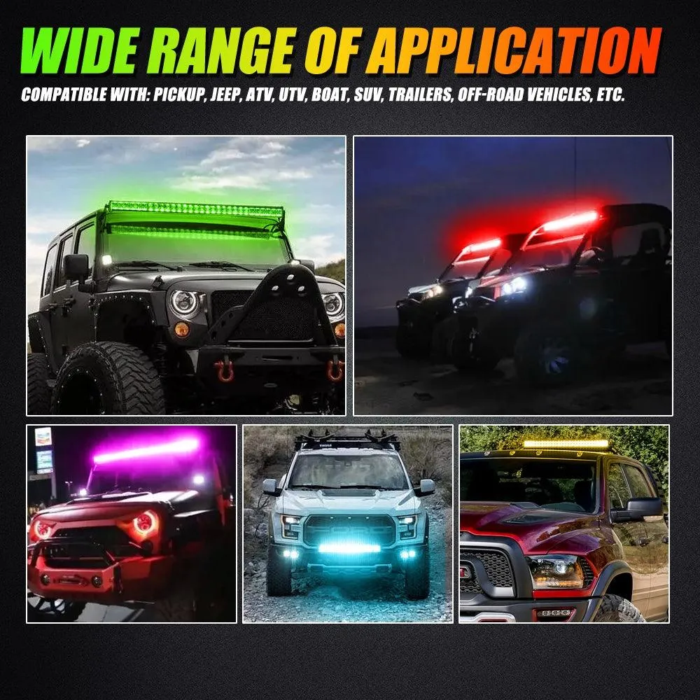 New 42 Inch V-PRO Series Curved RGBW Color Changing Off Road Led Light Bar & RGB LED Rock Light Set Combo