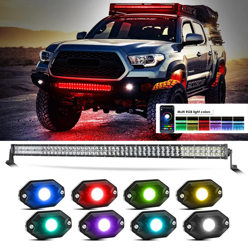 New 42 Inch V-PRO Series Curved RGBW Color Changing Off Road Led Light Bar & RGB LED Rock Light Set Combo