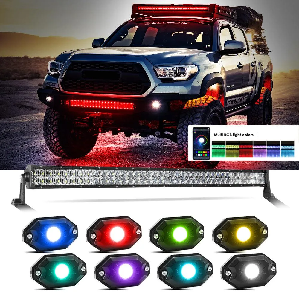 New 42 Inch V-PRO Series Straight RGBW Color Changing Off Road Led Light Bar & RGB LED Rock Light Set Combo