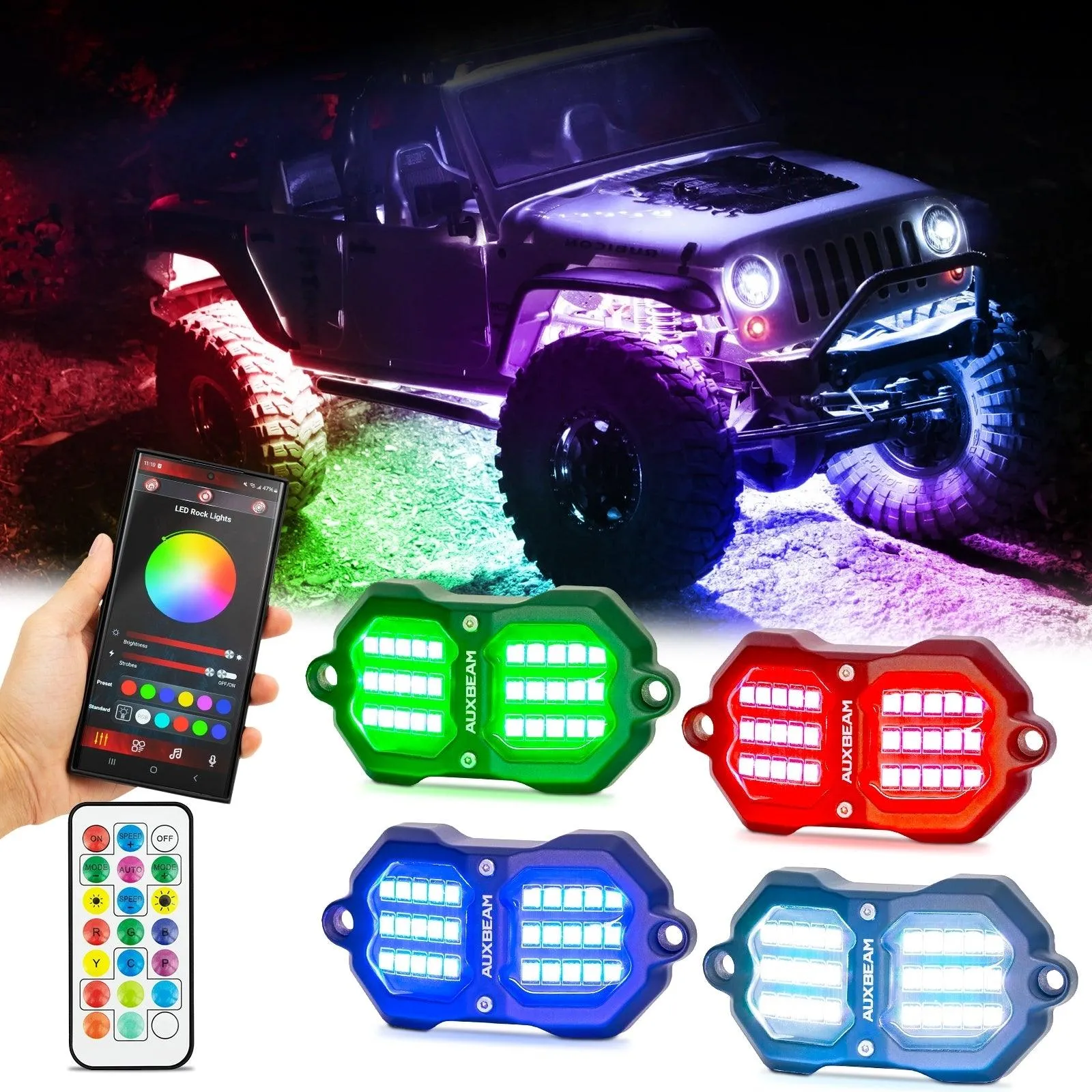 NEW Vibrant Series | 4PCS RGB LED Rock Lights Kit Multicolor Neon Underglow Lights with Bluetooth APP & Remote Control