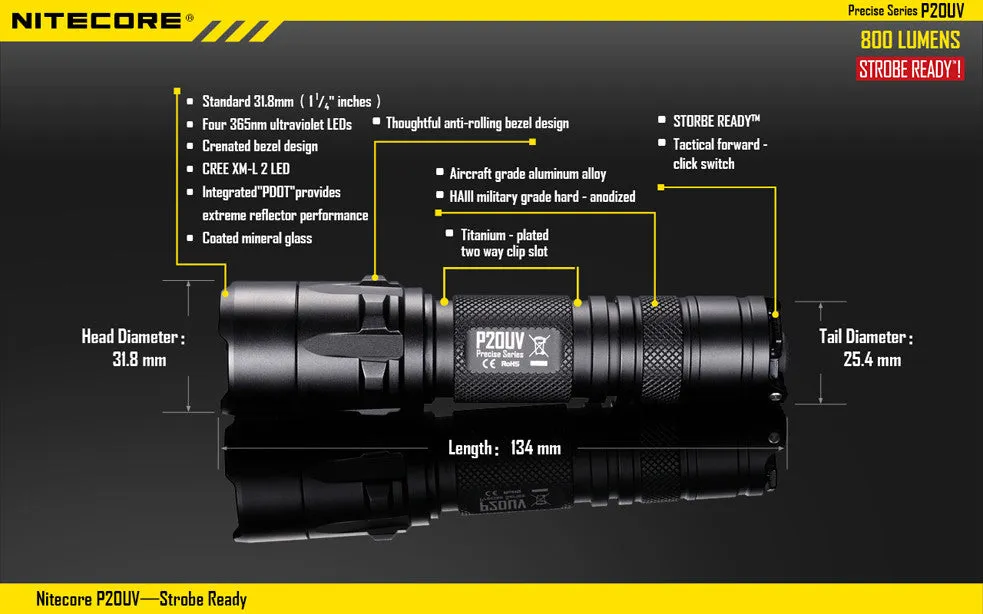 Nitecore P20UV CREE XM-L2 LED Flashlight - 800 Lumens  Runs on 2 x CR123A or 1 x 18650 Battery