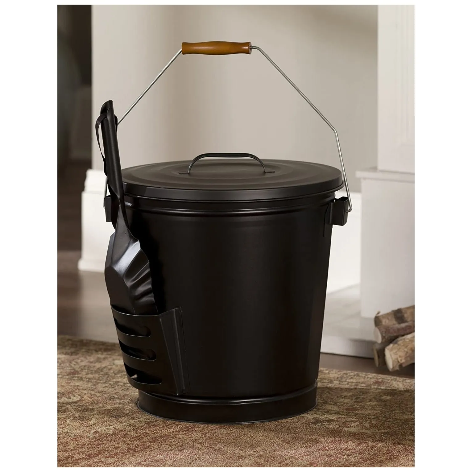 Panacea 15343 Fireplace Ash Bucket with Shovel, Black Powder Coated Steel