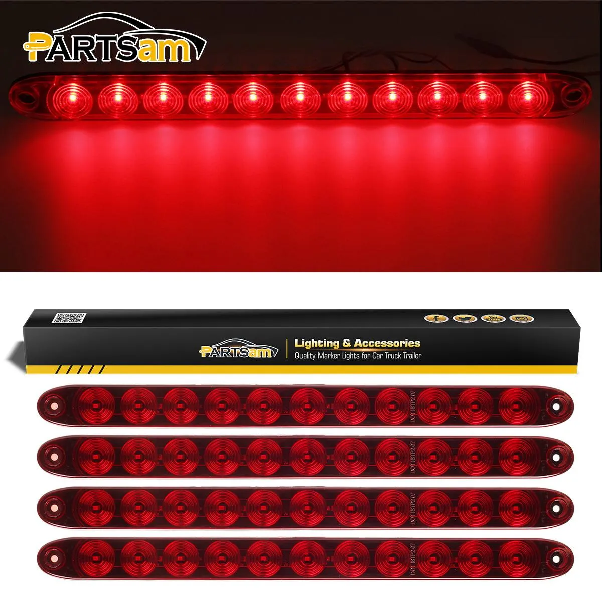 Partsam 4pcs Red 15inch Inch Sealed 11 LED Third Brake Light Bar Stop Turn Signal Tail 3rd Brake Light ID Bar Truck Trailer RV Camper Waterproof