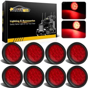 Partsam 8Pcs 4inch Round Red LED Trailer Tail Light, 4 Inch Round Led Stop Turn Tail Lights Brake Brake Trailer Lights for RV Trucks, Rubber Grommets and 3-Prong Wire Pigtails Included