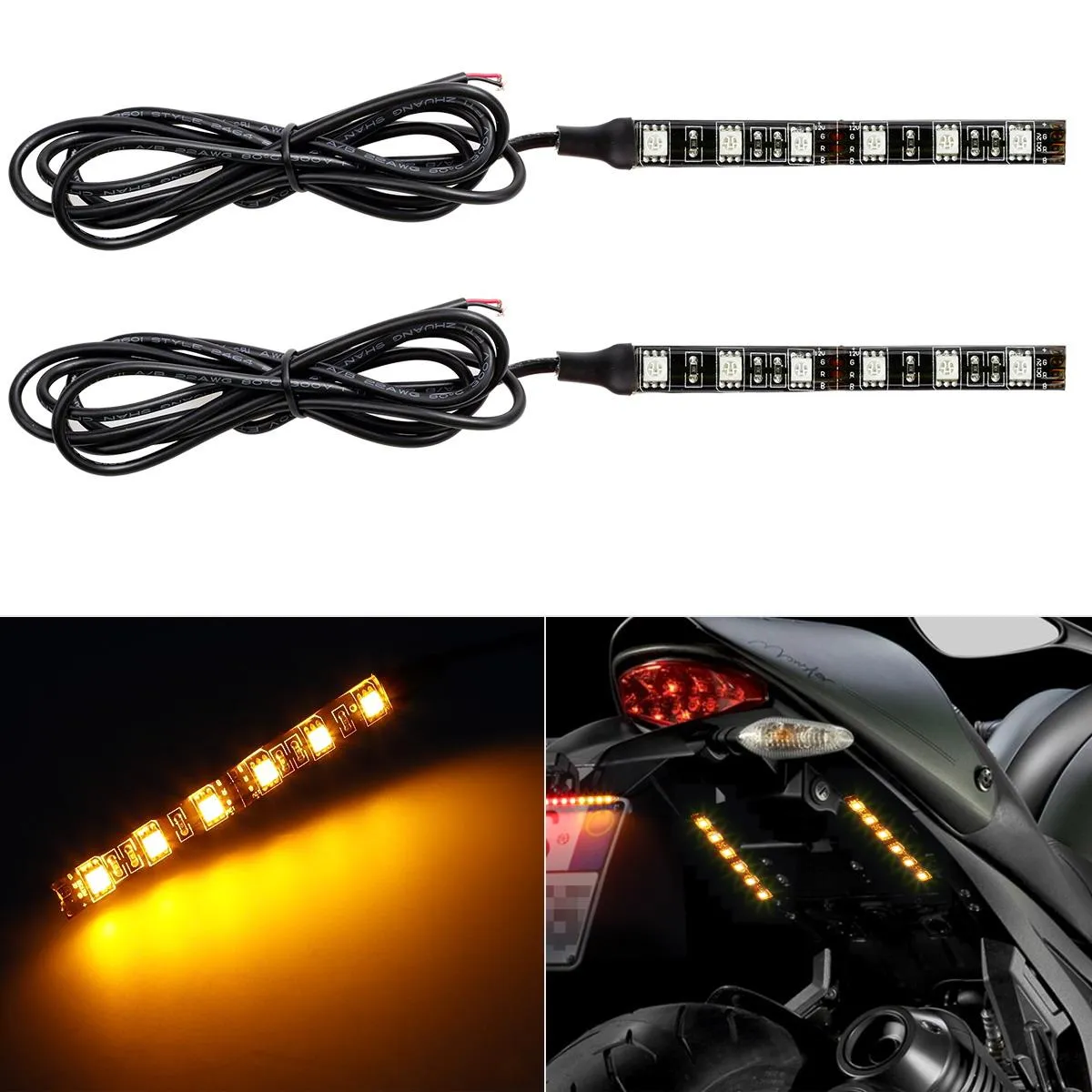 Partsam LED Strip Light Bar 2X 6 LED Black Third Brake Light Motorcycle Turn Signal Backup License Plate Universal Amber Lights Strip