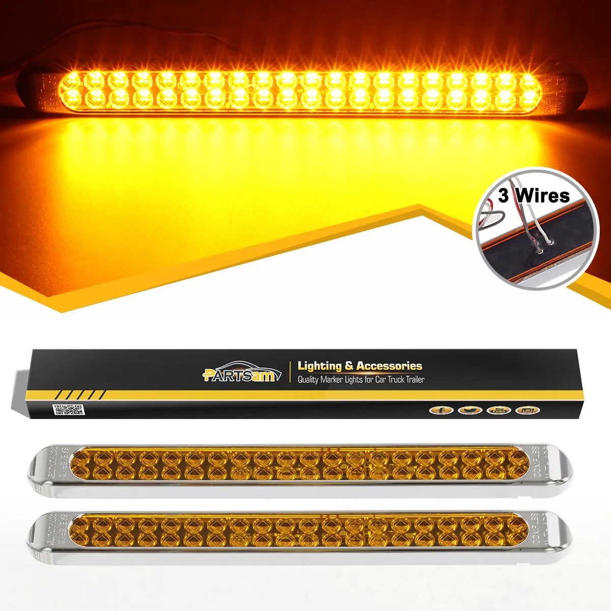 Partsam Submersible 17 Inch Thin Amber Led Turn Signal Light Bar 40 LED Sealed Utility Trailer Truck RV Led Marker Clearance Identification Light Bar w/Chrome Bezel (Pack of 2)