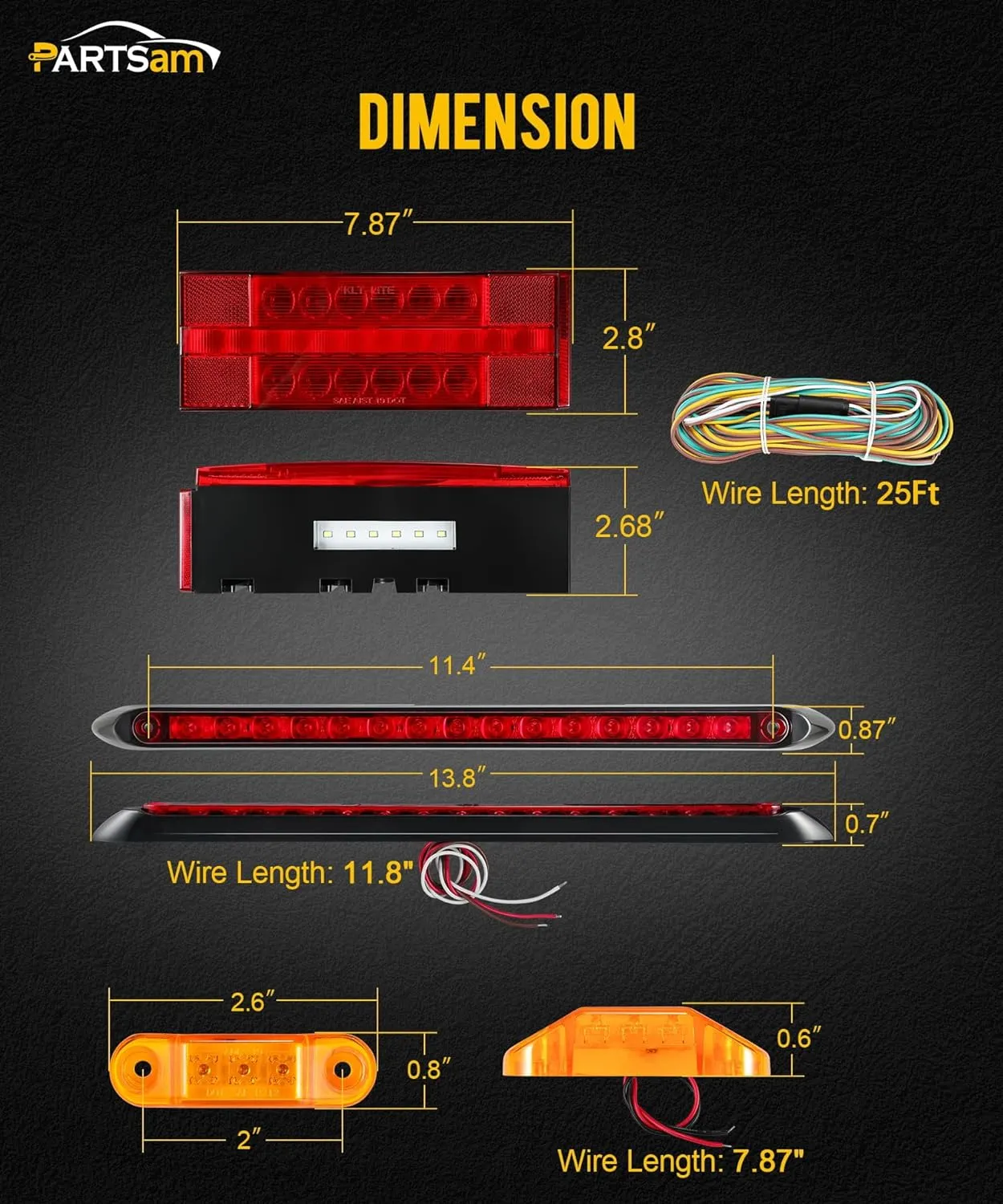 Partsam Submersible LED Trailer Tail Light Kit, Rectangular Trailer Lights Light Bar 8 Markers, with 25FT Wiring Harness Reflective Stickers Combined Stop Turn Tail License Lights for Boat Trailer 12V