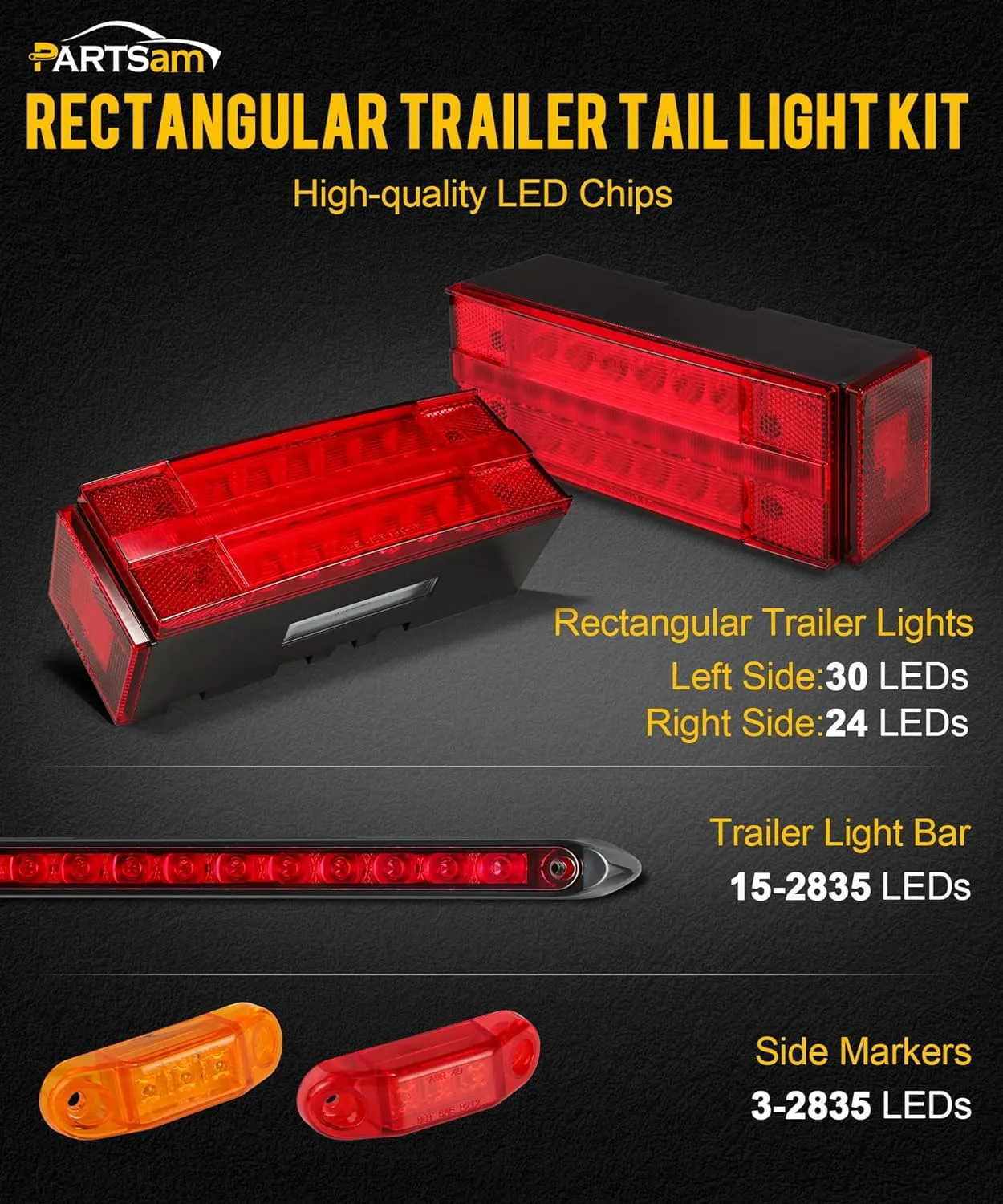 Partsam Submersible LED Trailer Tail Light Kit, Rectangular Trailer Lights Light Bar 8 Markers, with 25FT Wiring Harness Reflective Stickers Combined Stop Turn Tail License Lights for Boat Trailer 12V