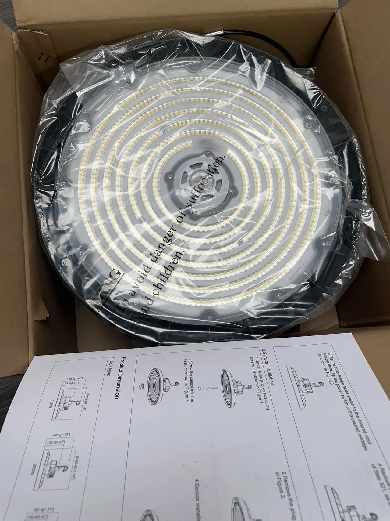 PRO-SELECT 36,000 LUMEN UFO High Bay 150lm/w  240w/200w/150w Selectable 3500K/4000K/5000K Tunable W/Pre-Installed 12V 3-PIN HAISEN Sensor Socket w/6ft Whip Cord