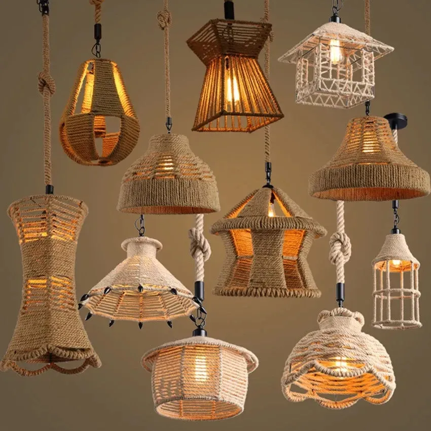 Retro iron hemp rope pendant lights Bar cafe dinning room Warehouse bird cage Hand Knitted Hemp rope hanging lamp industria