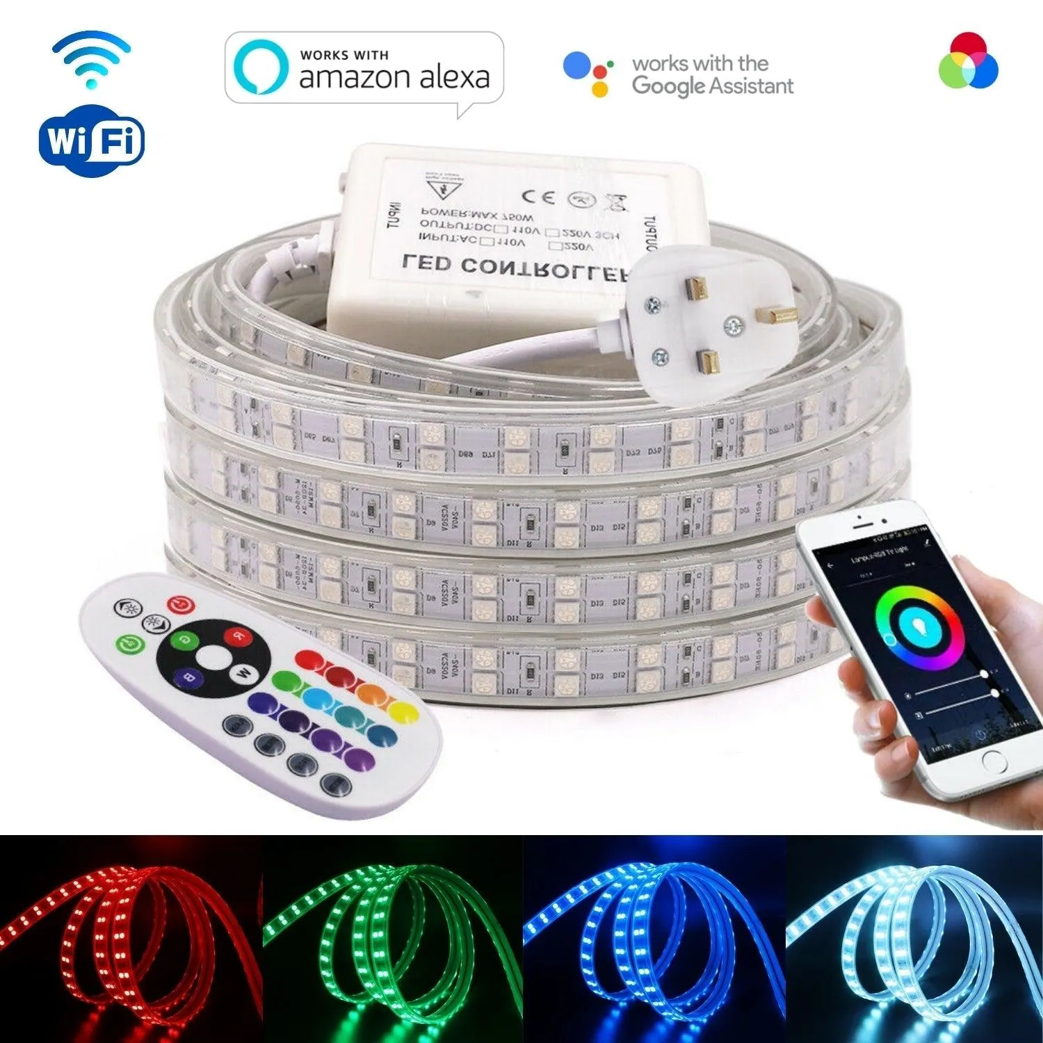 RGB LED Strip 220V 240V 120 LEDs/m IP65 Waterproof WIFI App Control Work With Google & Alexa