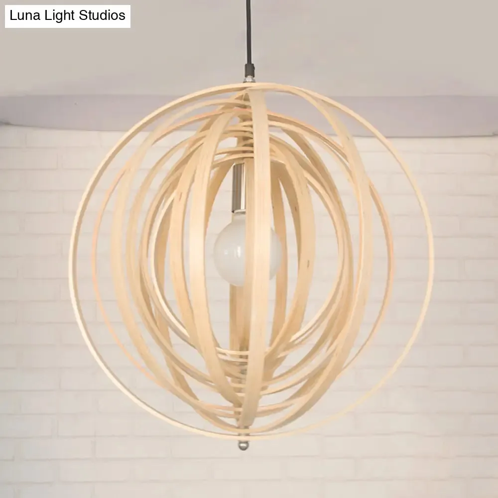 Rippling Sphere Wood Pendant Light Kit - Asian 1 Light Beige Hanging Fixture for Table