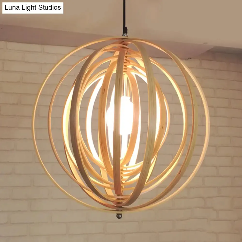 Rippling Sphere Wood Pendant Light Kit - Asian 1 Light Beige Hanging Fixture for Table